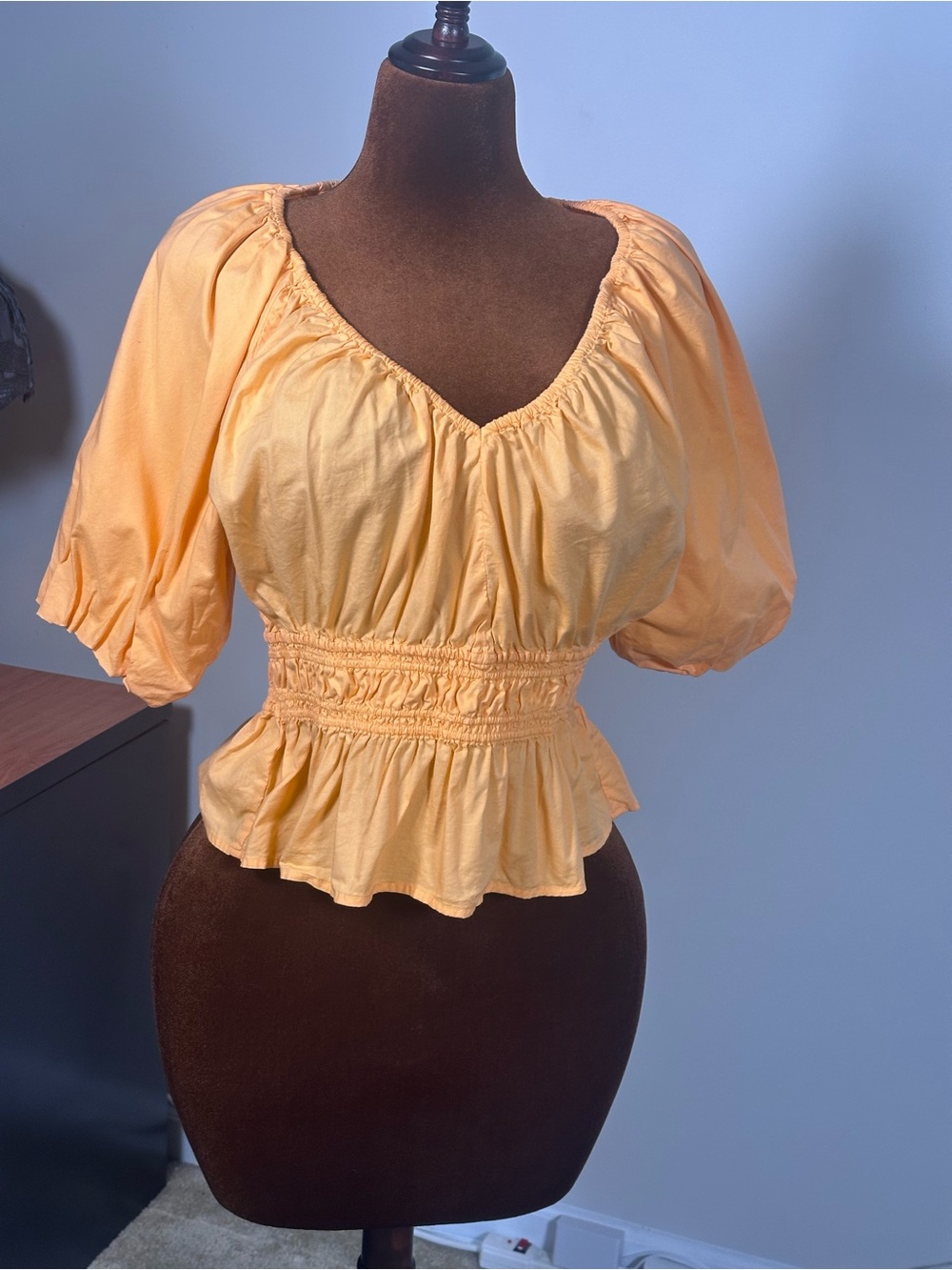LOFT Yellow Smocked Peplum Puff Sleeve Top